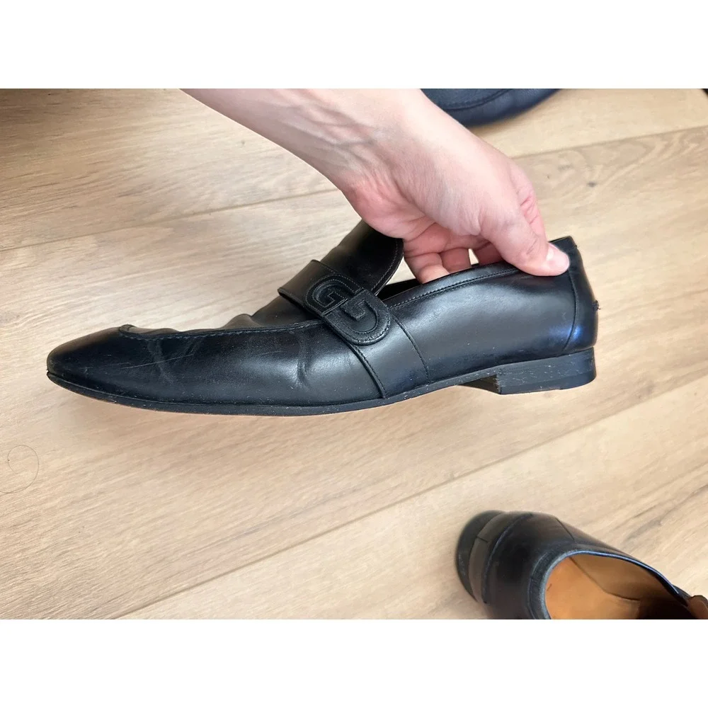 Gucci Mens Black Leather Interlocking GG Logo Loafers Shoes Size 41 Italy
